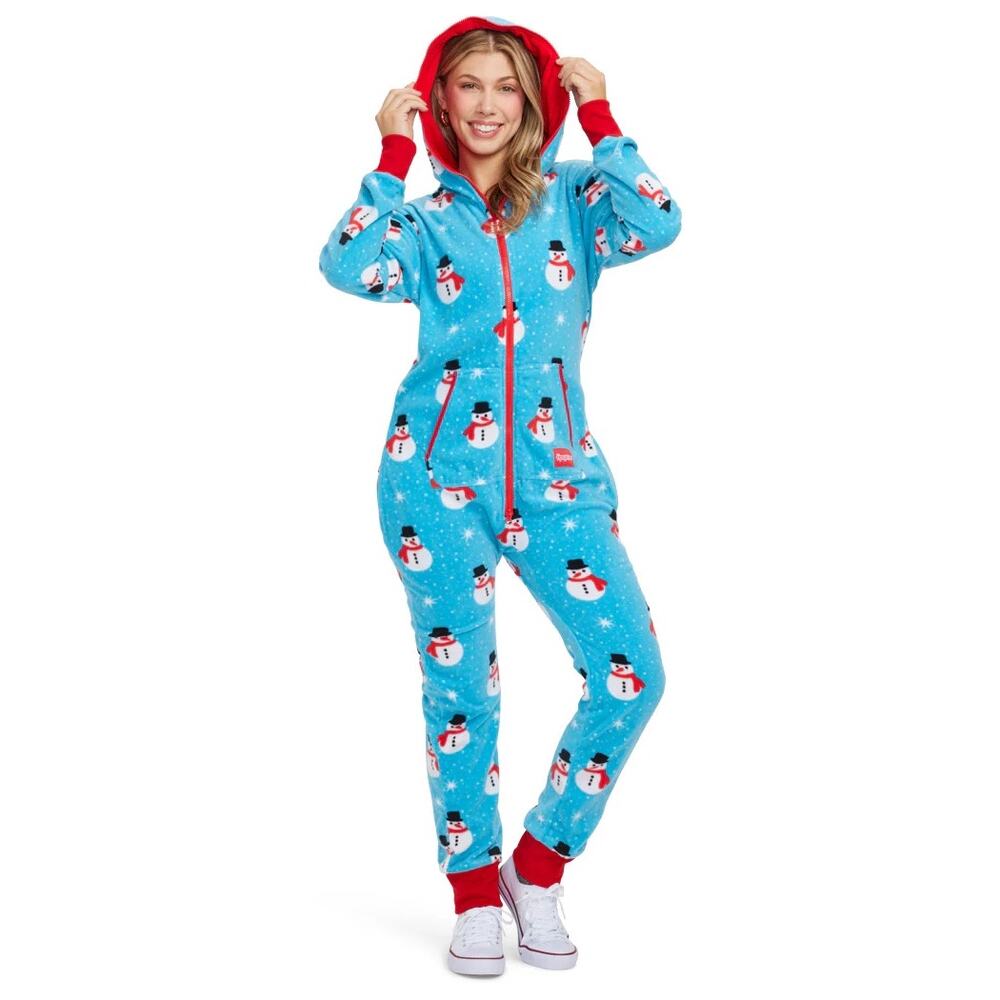 NEW Tipsy Elves Snowman Is An Island Blue Fleece Hood Christmas Onesie Jumpsuit